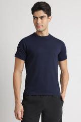 Men's Navy Blue Casual Cotton Blend Half Sleeves Tshirt