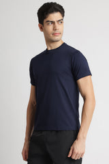 Men's Navy Blue Casual Cotton Blend Half Sleeves Tshirt