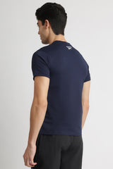 Men's Navy Blue Casual Cotton Blend Half Sleeves Tshirt