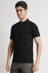 Men's Black Casual Cotton Blend Half Sleeves Polo Tshirt