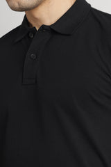 Men's Black Casual Cotton Blend Half Sleeves Polo Tshirt