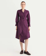 Women's Iona Purple Cotton Mandarin Collar Plain Cuffed Sleeve Midi Fit And Flared Dress