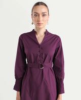 Women's Iona Purple Cotton Mandarin Collar Plain Cuffed Sleeve Midi Fit And Flared Dress
