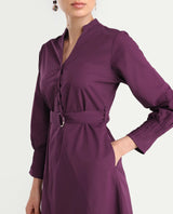 Women's Iona Purple Cotton Mandarin Collar Plain Cuffed Sleeve Midi Fit And Flared Dress