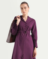 Women's Iona Purple Cotton Mandarin Collar Plain Cuffed Sleeve Midi Fit And Flared Dress
