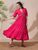 Women's Embroidered V-Neck Puff Sleeves Gathered and Tiered A-Line Midi Festive Dress