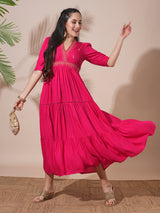 Women's Embroidered V-Neck Puff Sleeves Gathered and Tiered A-Line Midi Festive Dress