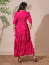 Women's Embroidered V-Neck Puff Sleeves Gathered and Tiered A-Line Midi Festive Dress