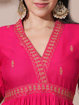Women's Embroidered V-Neck Puff Sleeves Gathered and Tiered A-Line Midi Festive Dress