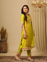 Women's Floral Embroidered Panelled Kurta with Trousers and with Dupatta