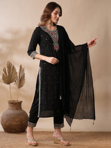 Women's Black Floral Embroidered V-Neck Sequinned Kurta with Trousers and Dupatta