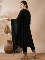 Women's Black Floral Embroidered V-Neck Sequinned Kurta with Trousers and Dupatta