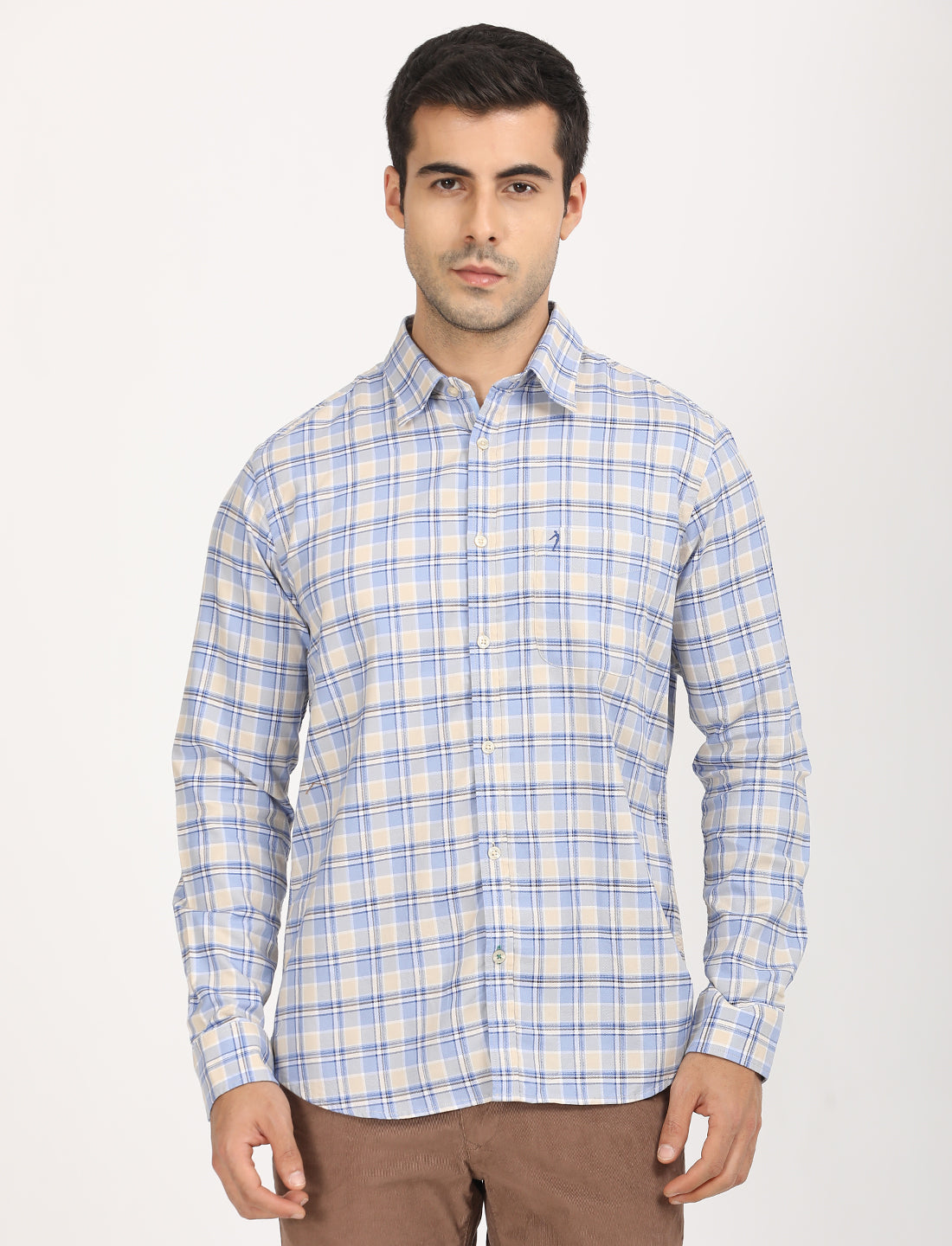 Men's Beige Casual Regular Fit Checkered Full Sleeves Shirt