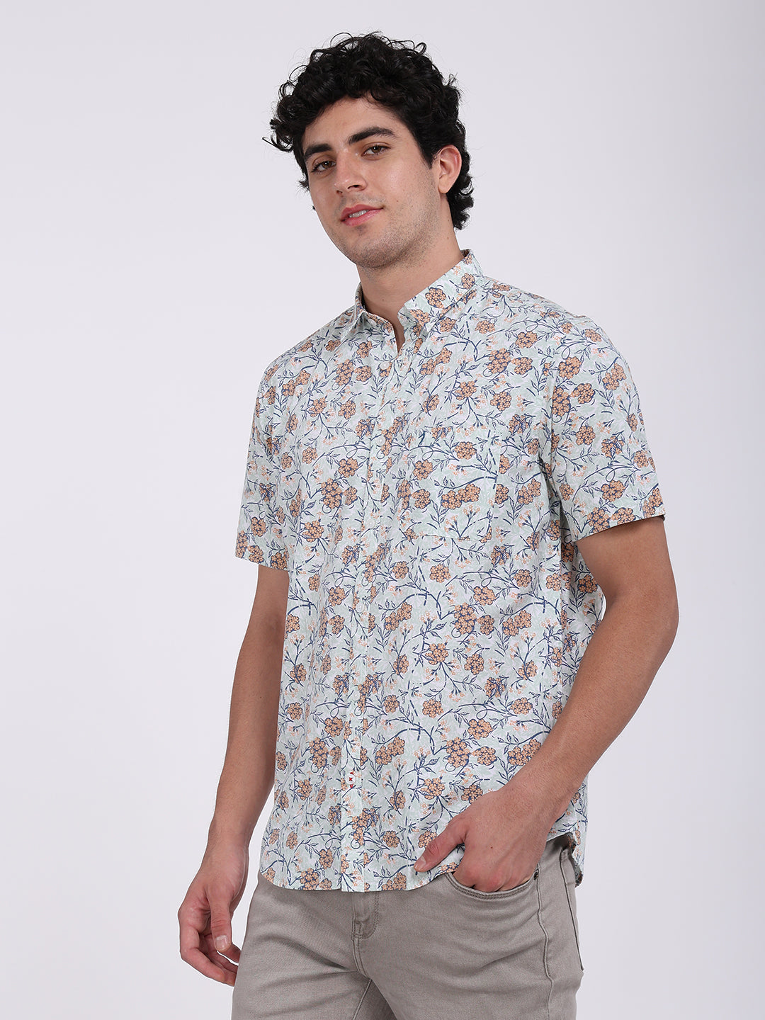 Men's Green Casual Classic Cotton Printed Half Sleeves Shirt