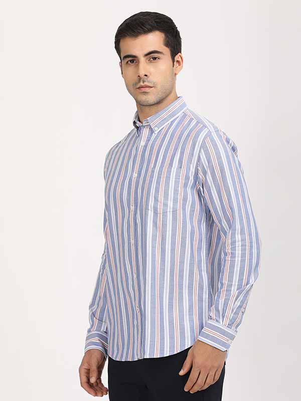 Men's Blue Casual Regular Fit Striped Full Sleeves Shirt