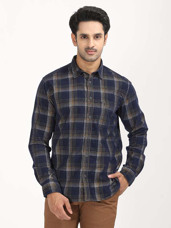 Men's Navy Casual Regular Fit Checkered Full Sleeves Shirt