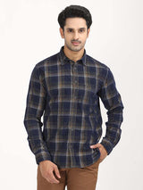 Men's Navy Casual Regular Fit Checkered Full Sleeves Shirt