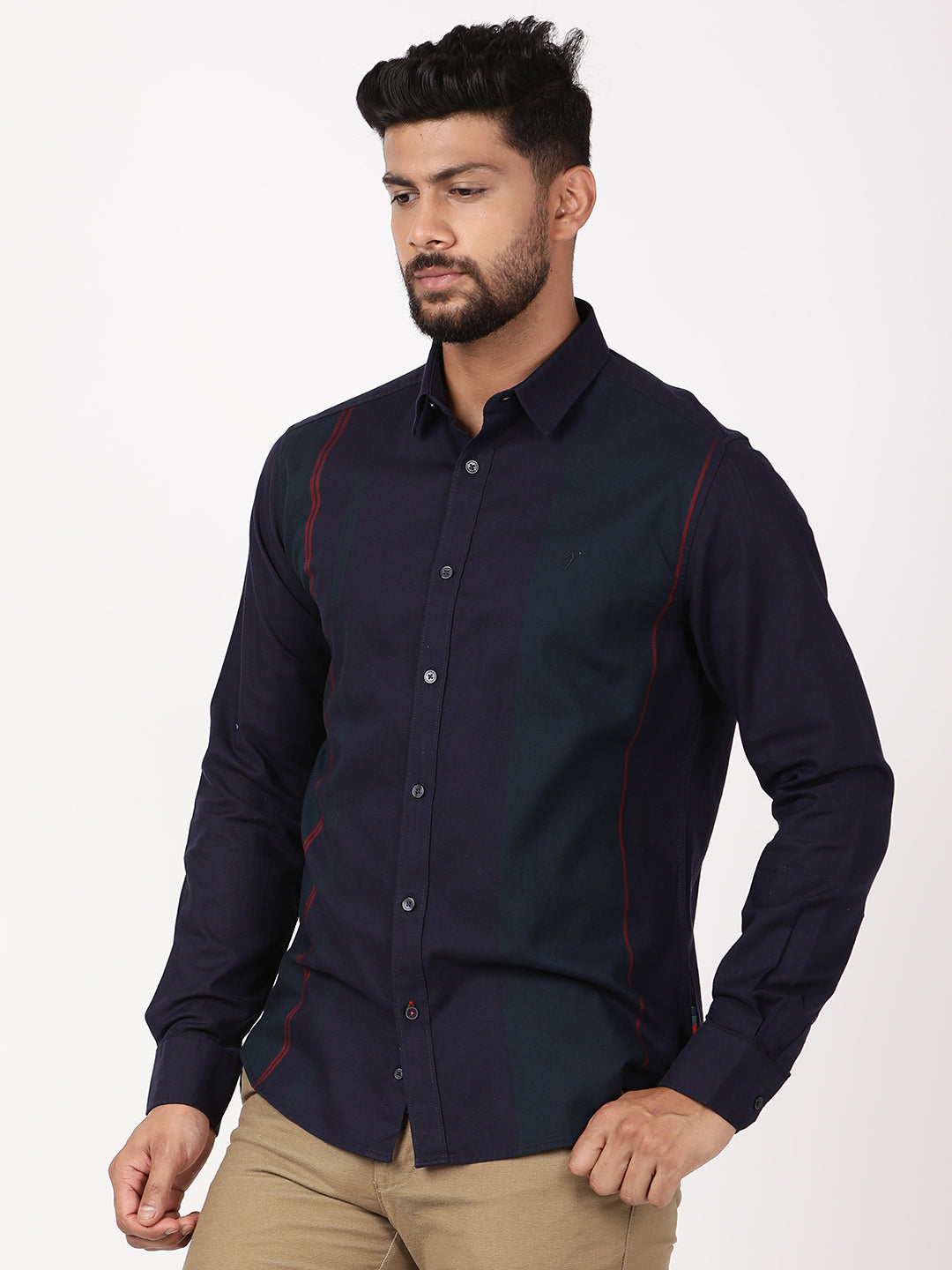 Men's Navy Casual Regular Fit Striped Full Sleeves Shirt
