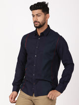 Men's Navy Casual Regular Fit Striped Full Sleeves Shirt