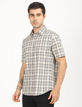 Men's Beige Casual Regular Fit Checkered Half Sleeves Shirt