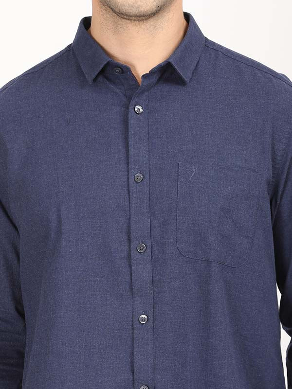 Men's Navy Casual Regular Fit Solid Full Sleeves Shirt