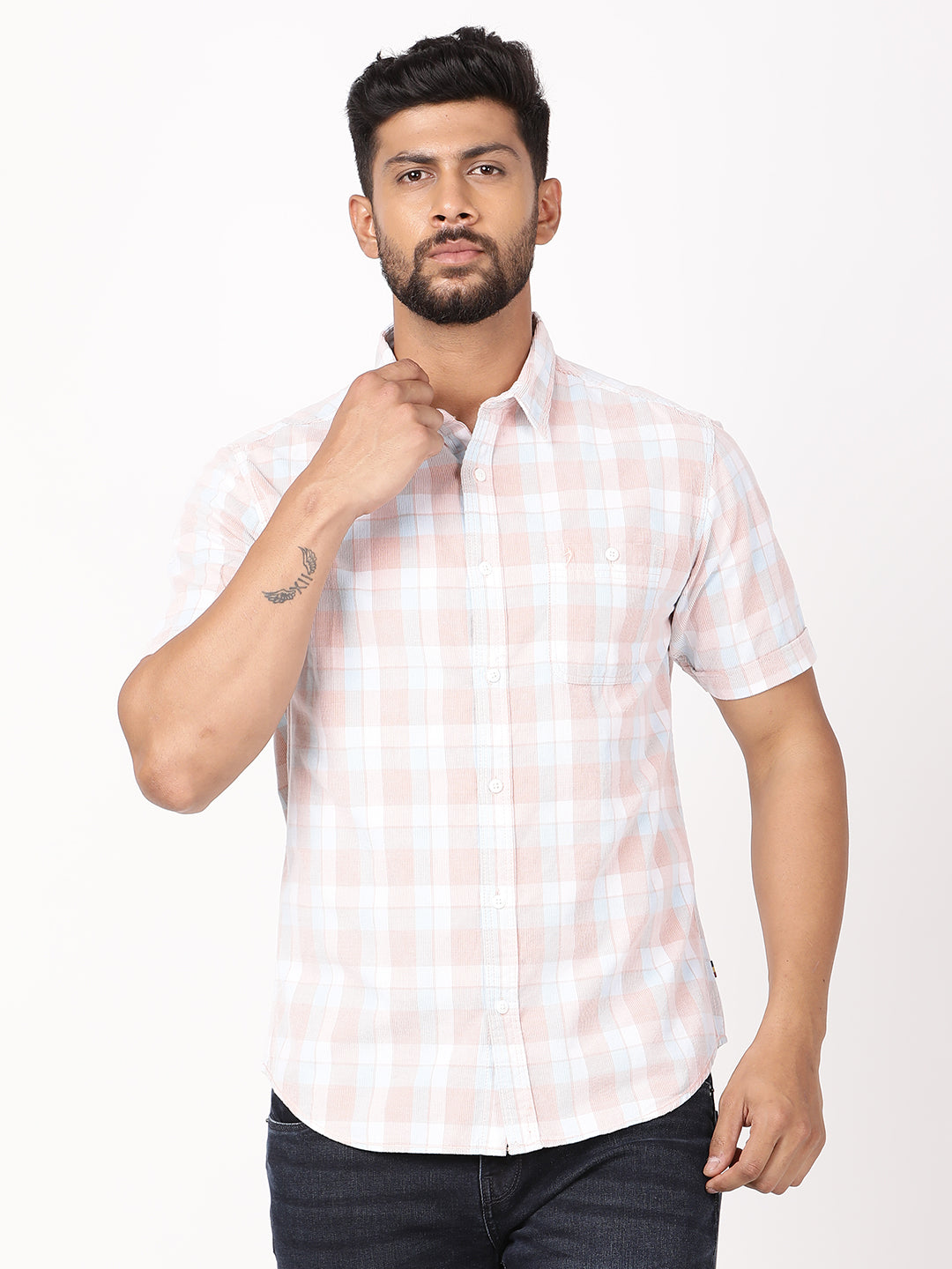 Men's Pink Casual Regular Fit Checkered Half Sleeves Shirt