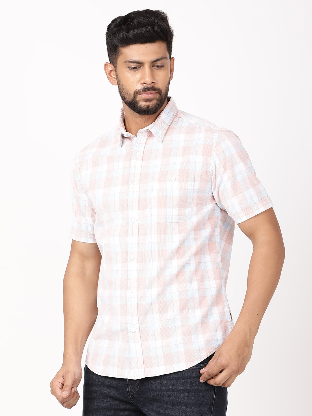 Men's Pink Casual Regular Fit Checkered Half Sleeves Shirt