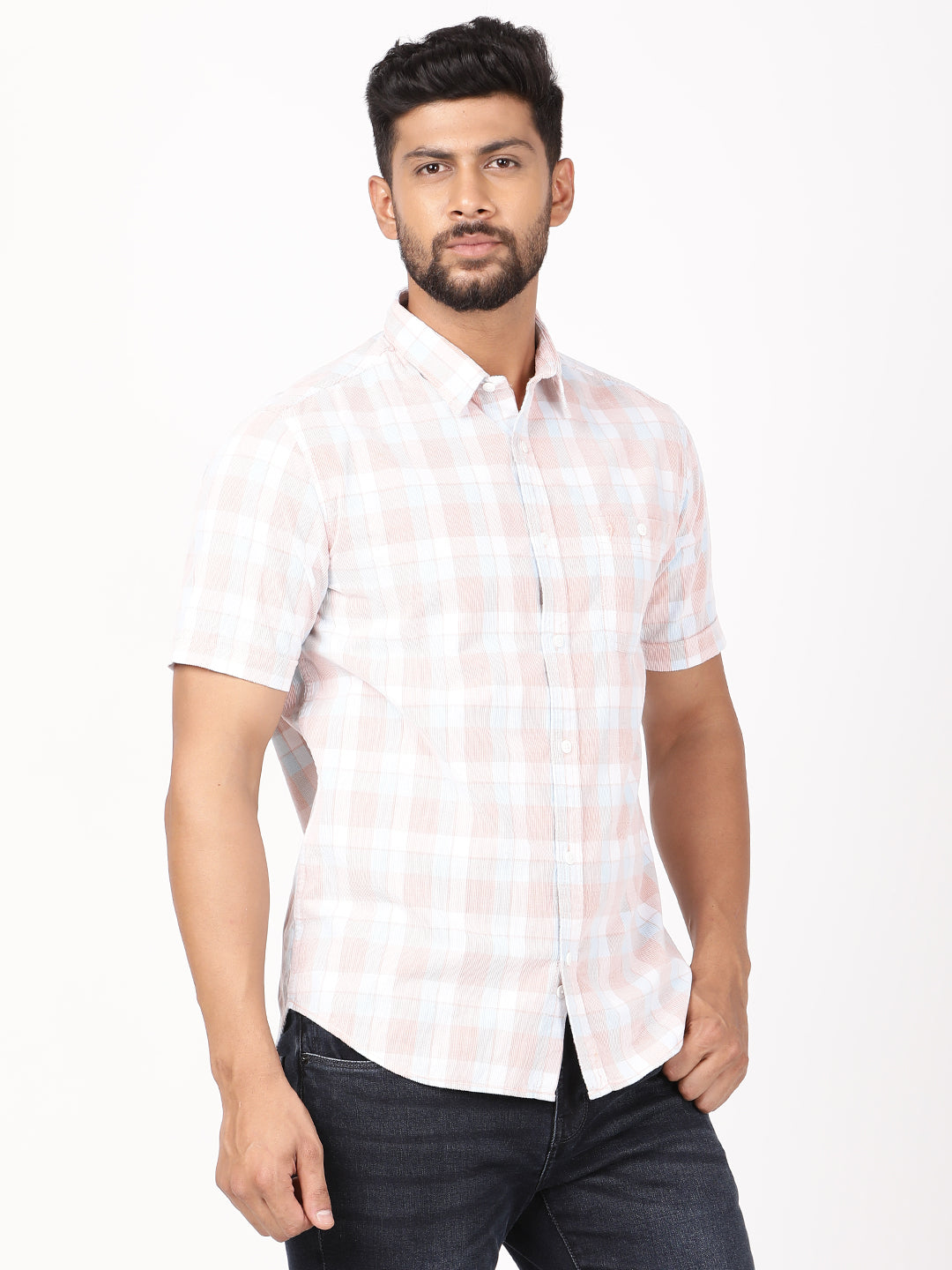 Men's Pink Casual Regular Fit Checkered Half Sleeves Shirt