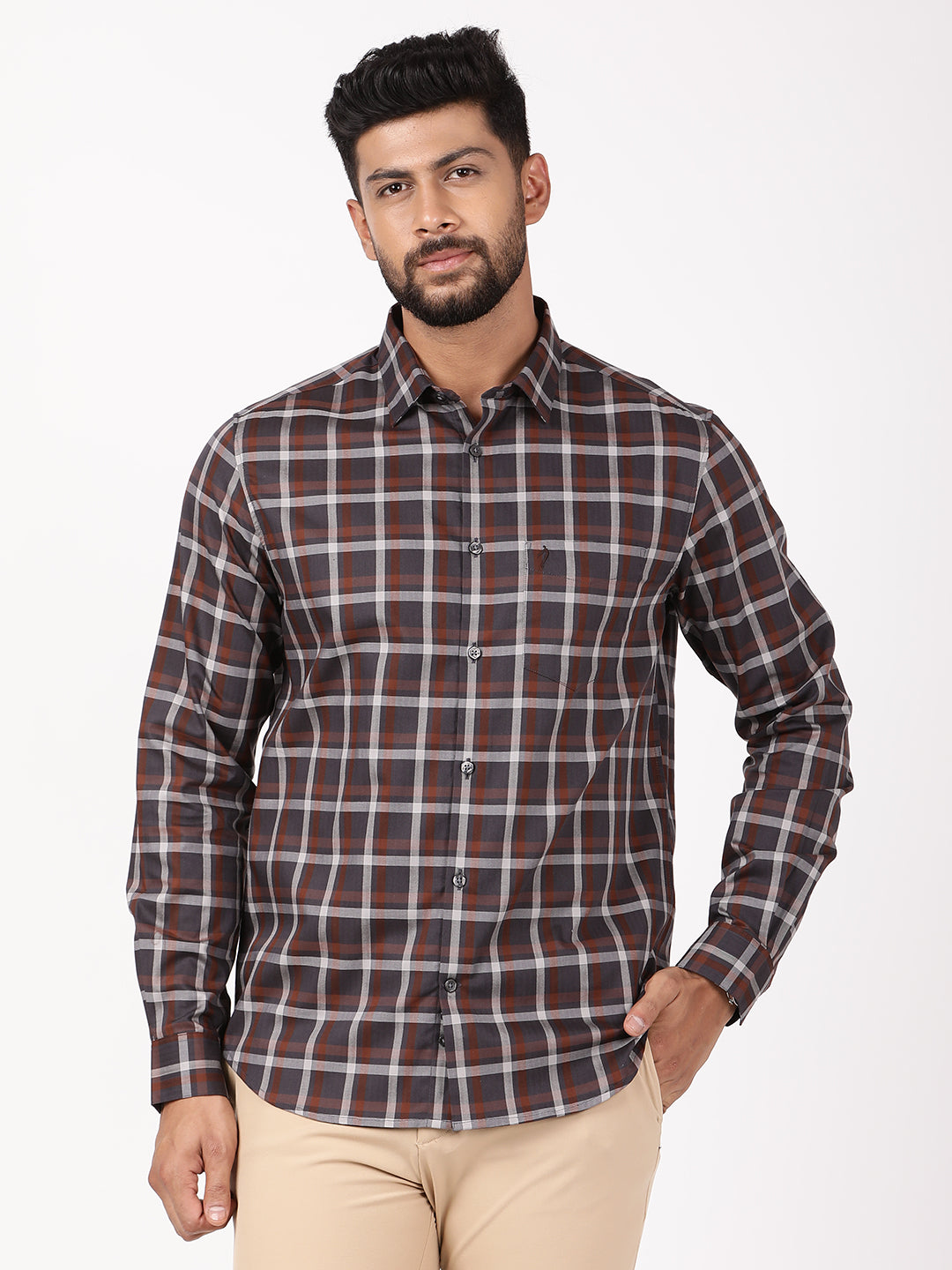 Men's Brown Casual Regular Fit Checkered Full Sleeves Shirt