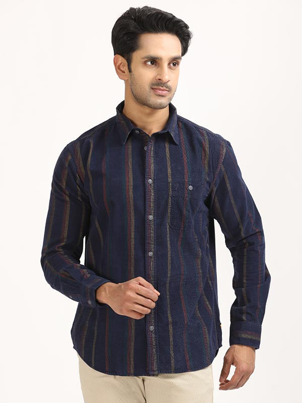 Men's Navy Casual Regular Fit Striped Full Sleeves Shirt