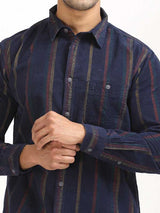 Men's Navy Casual Regular Fit Striped Full Sleeves Shirt