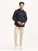 Men's Navy Casual Regular Fit Striped Full Sleeves Shirt