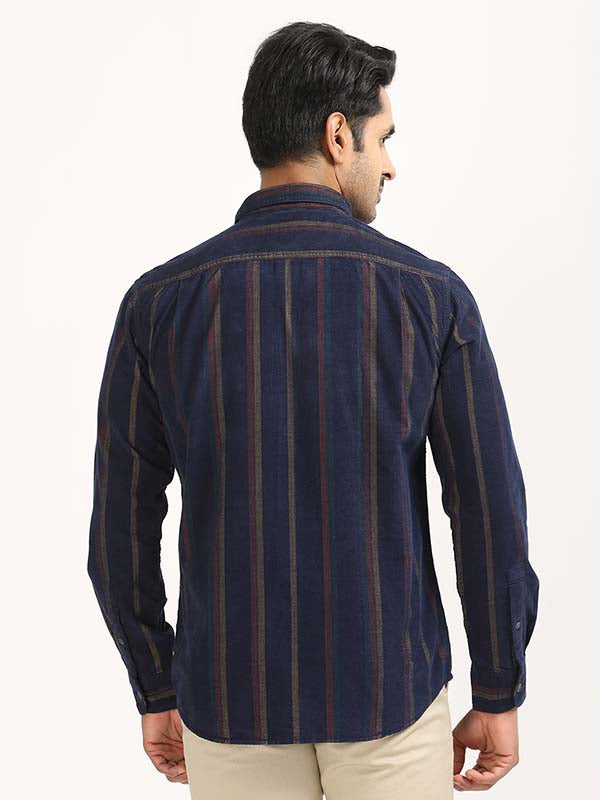 Men's Navy Casual Regular Fit Striped Full Sleeves Shirt