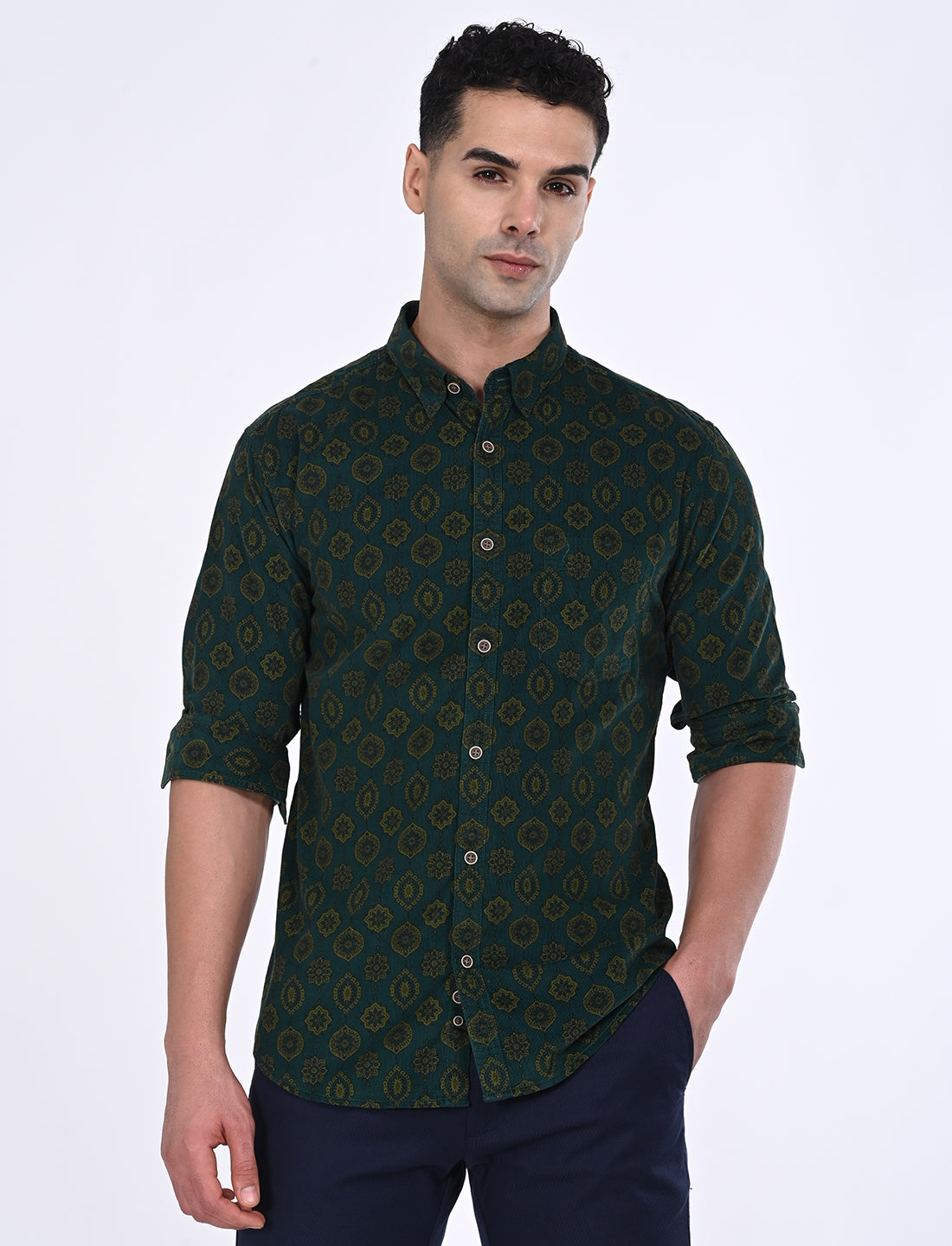 Men's Green Casual Regular Fit Printed Full Sleeves Shirt