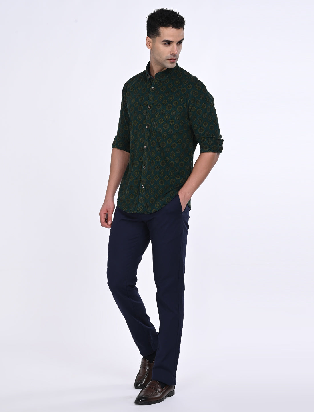 Men's Green Casual Regular Fit Printed Full Sleeves Shirt