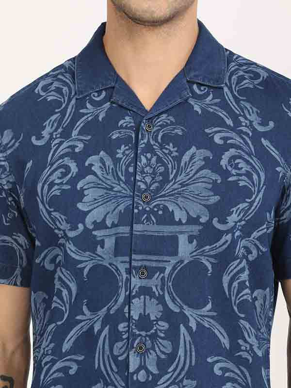 Men's Navy Casual Regular Fit Printed Half Sleeves Shirt