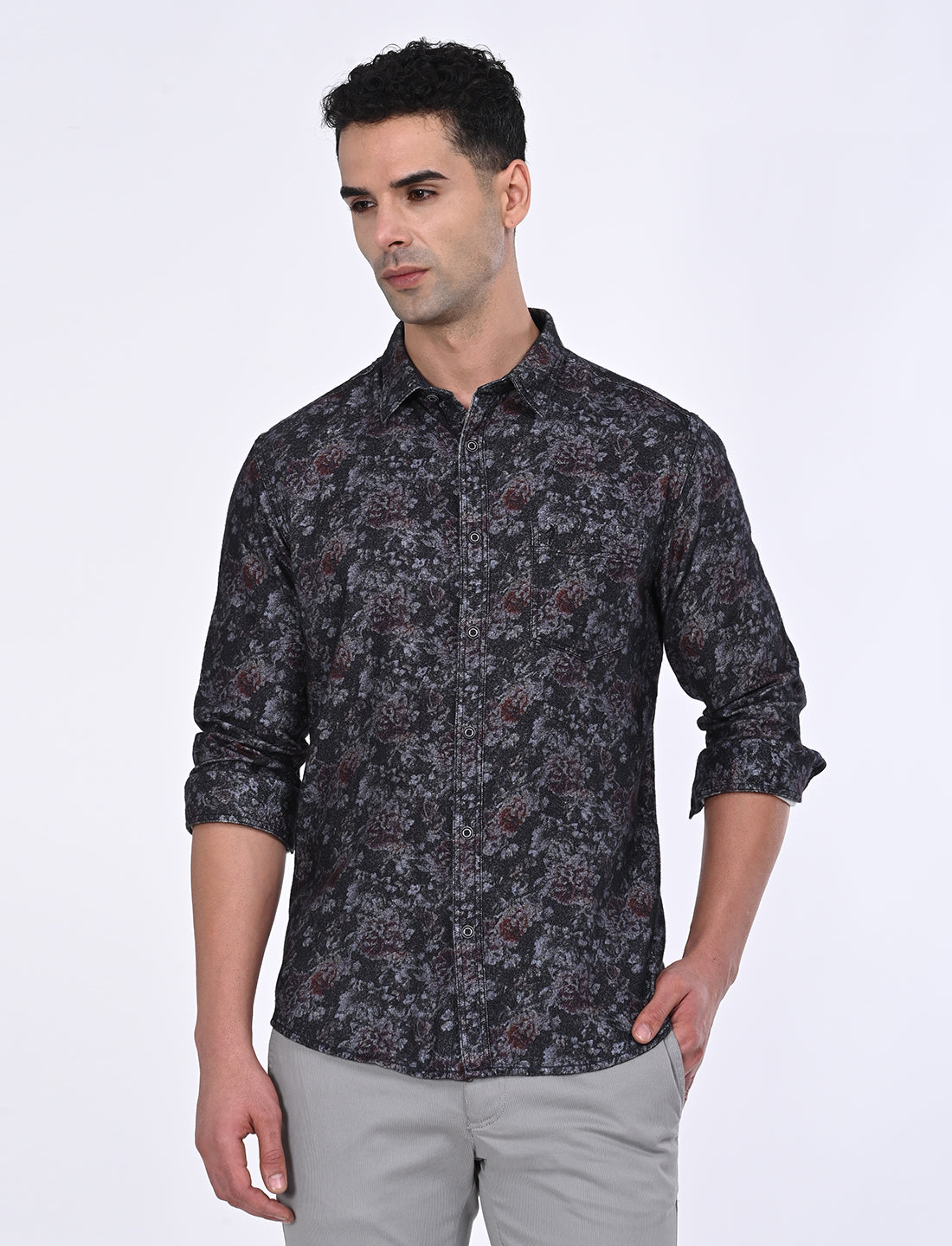 Men's Grey Casual Regular Fit Printed Full Sleeves Shirt