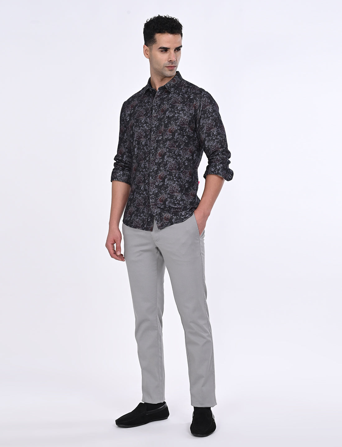 Men's Grey Casual Regular Fit Printed Full Sleeves Shirt