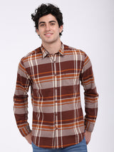 Men's Brown Casual Regular Fit Checkered Full Sleeves Shirt