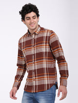 Men's Brown Casual Regular Fit Checkered Full Sleeves Shirt