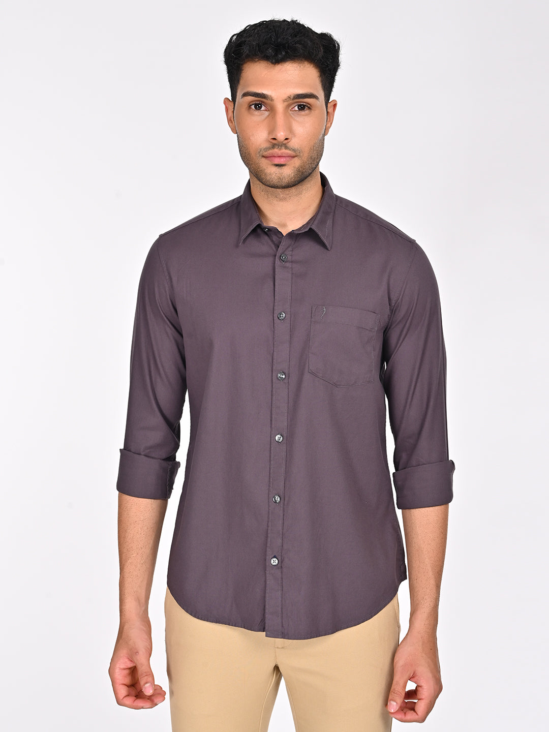 Men's Grey Casual Regular Fit Solid Full Sleeves Shirt