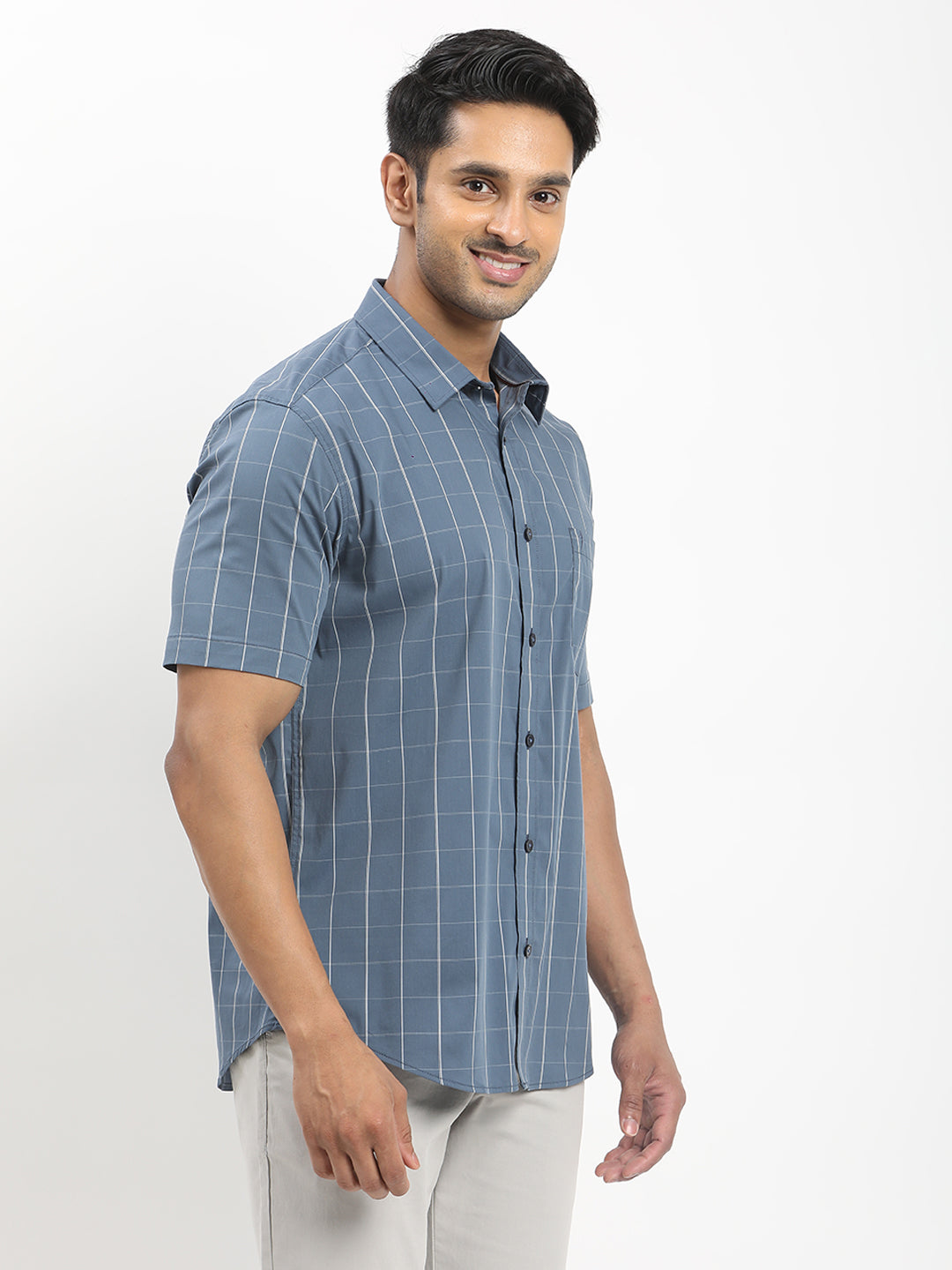 Men's Blue Casual Regular Fit Checkered Half Sleeves Shirt