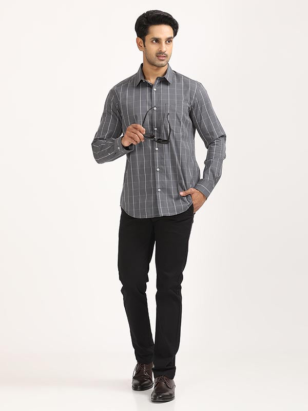 Men's Grey Casual Regular Fit Checkered Full Sleeves Shirt