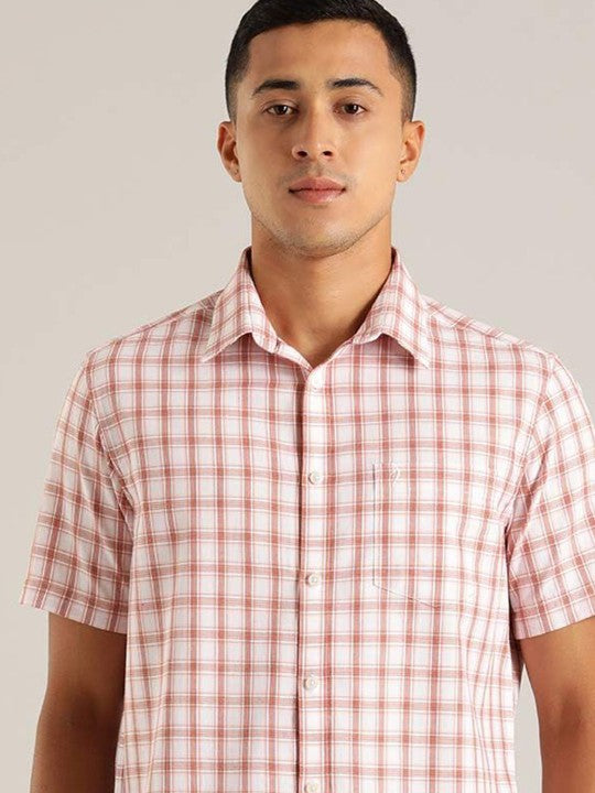 Men's Pink Casual Slim Fit Checkered Half Sleeves Shirt