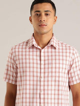 Men's Pink Casual Slim Fit Checkered Half Sleeves Shirt