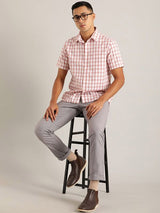 Men's Pink Casual Slim Fit Checkered Half Sleeves Shirt