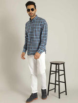 Men's Blue Casual Slim Fit Checkered Full Sleeves Shirt