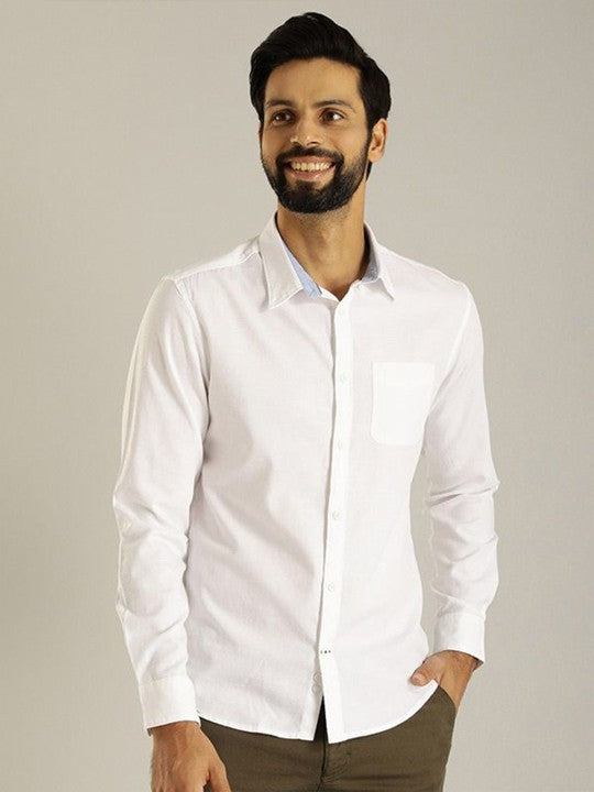 Men's White Casual Slim Fit Solid Full Sleeves Shirt