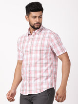 Men's Pink Casual Regular Fit Checkered Half Sleeves Shirt