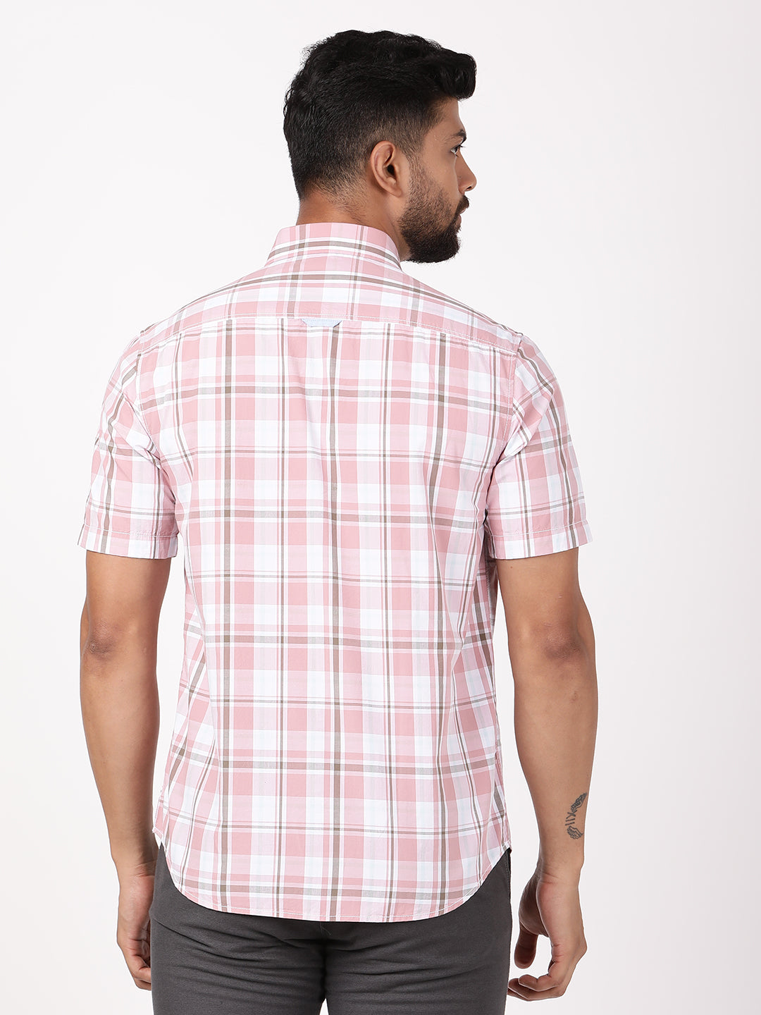Men's Pink Casual Regular Fit Checkered Half Sleeves Shirt